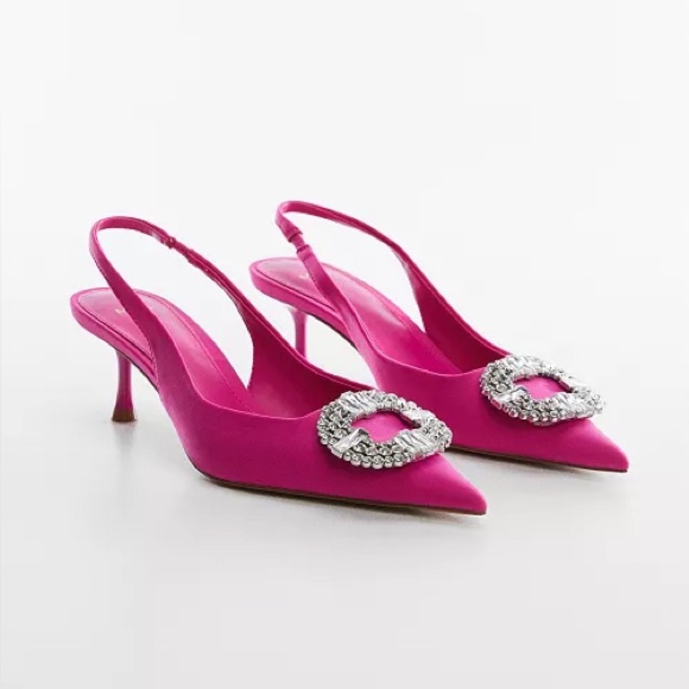 Mango Fuchsia Slingback Pointed Heels with Crystal Embellishment